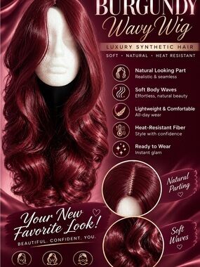 BURGUNDY Wavy Wig - Luxury Synthetic Hair